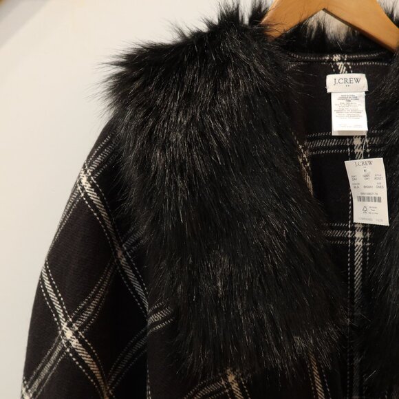 NWT JCREW plaid cape scarf wrap black white fringe faux fur holiday cozy elegant - Picture 7 of 8